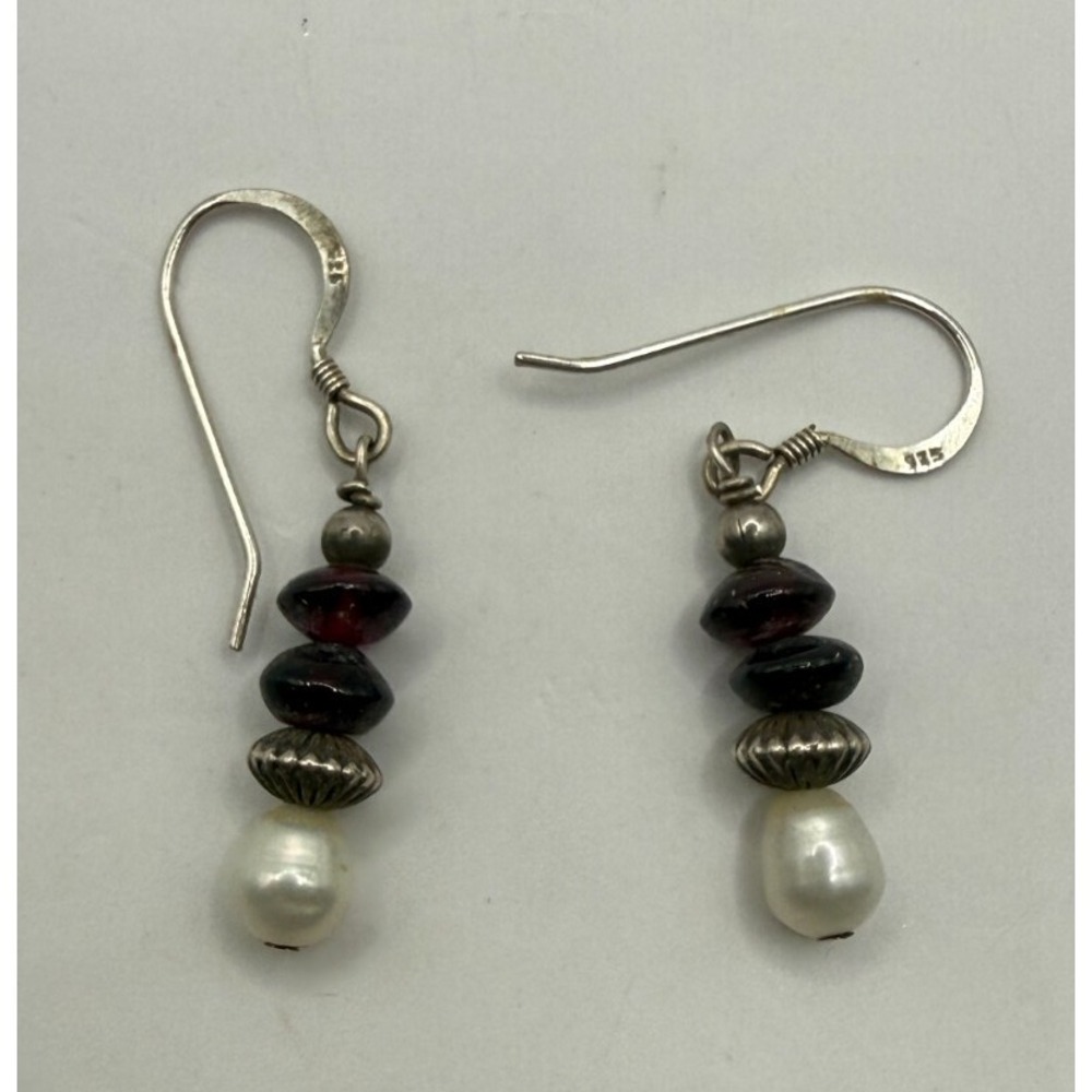 vtg‎ 925 Sterling Silver Freshwater Pearl Drop Earrings Glass Bead Dangle Boho